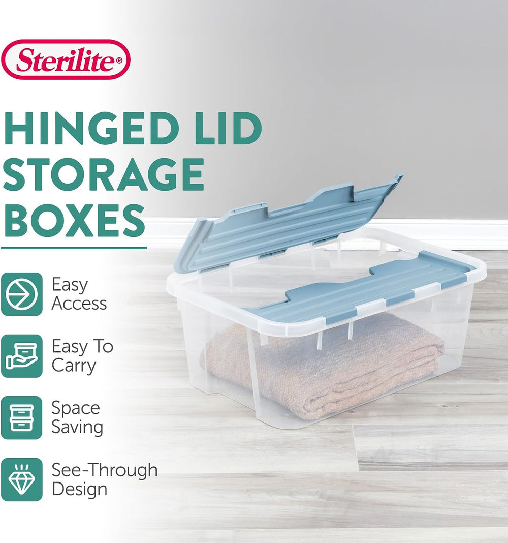 Sterilite 18 Pack Hinged Lid Storage Box, 40 Qt Plastic Container, Washed Blu...