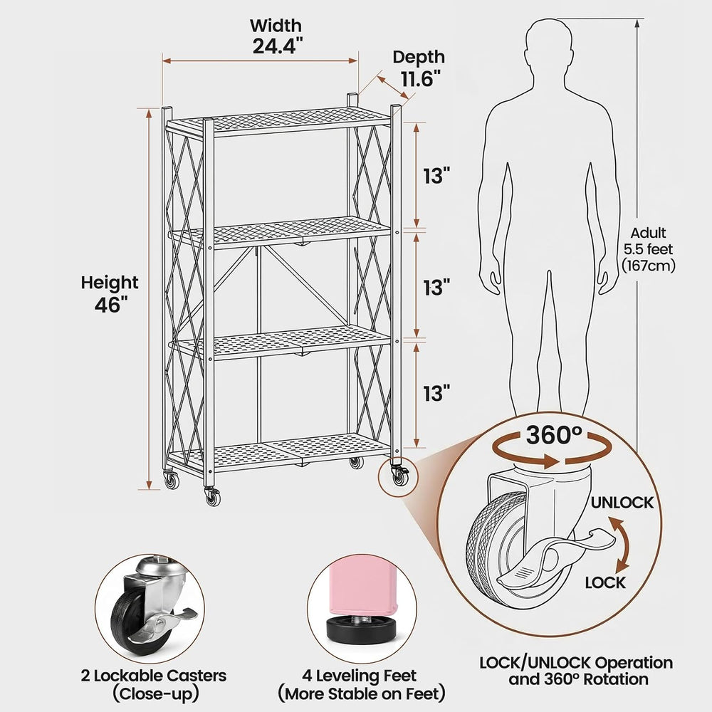 ALANNG 4 Tier Folding Storage Shelf on Wheels,Heavy Duty Metal Rolling Cart