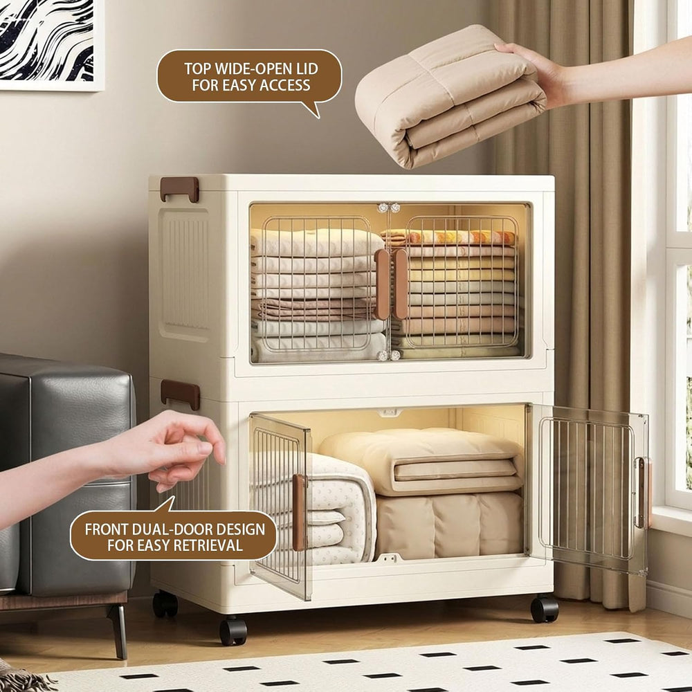 124QT Stackable Collapsible Storage Bins withLids and Front Doors, Rolling Li...