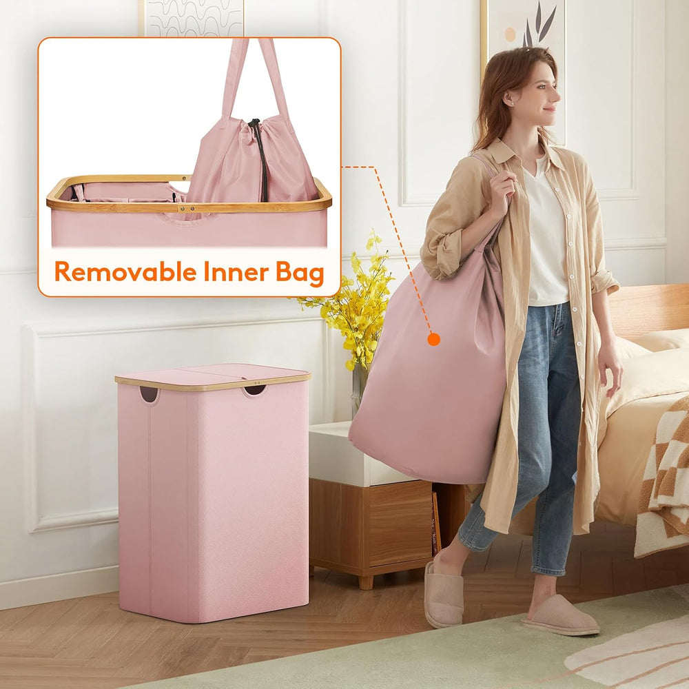 Lifewit 150L Large Laundry Basket with Lid, 2 Removable Bags, Pink
