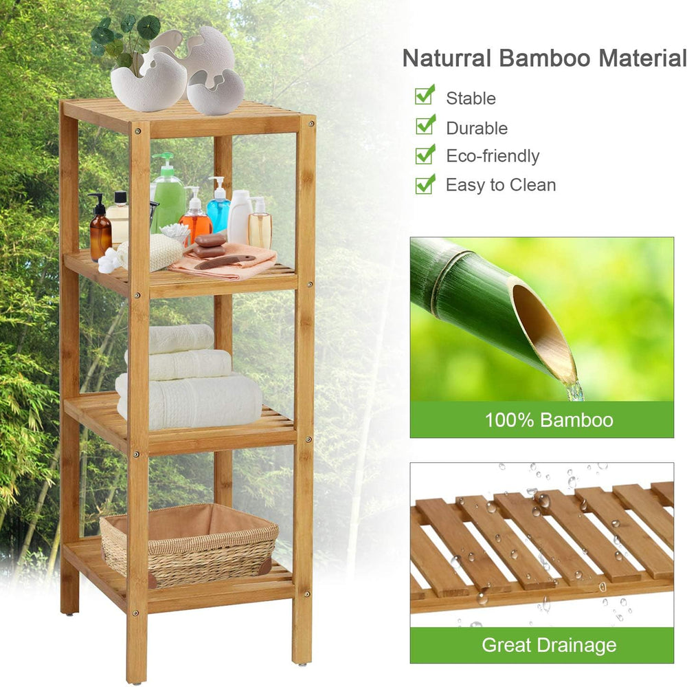 Bamboo Bathroom Shelf Square 4-Tier Storage Shelves Free Standing Rack Multif...