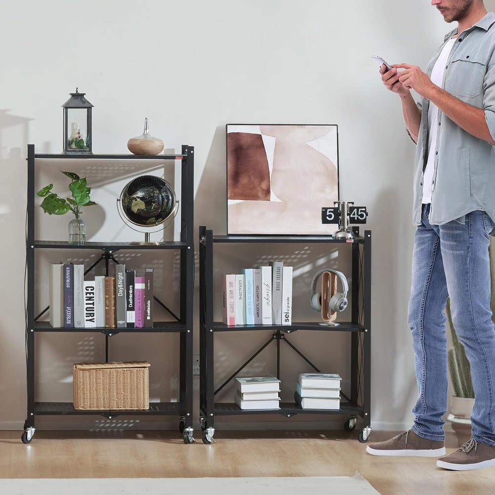 DEANIC 3 Tier Foldable Storage Shelves with Wheels, Kitchen Appliance Stand, ...