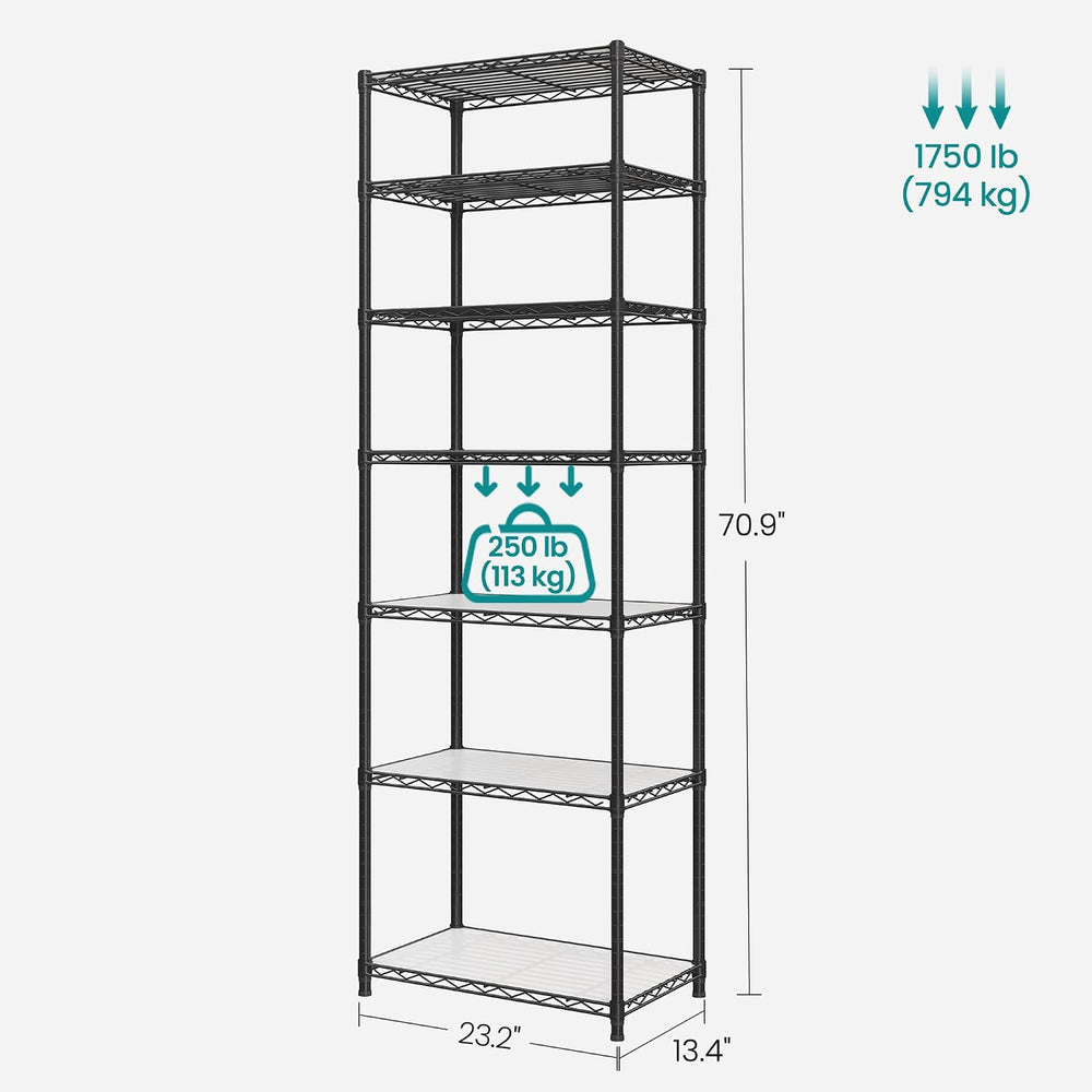SONGMICS 7-Tier Storage Shelves, Adjustable Wire Shelving Unit, 8 Hooks