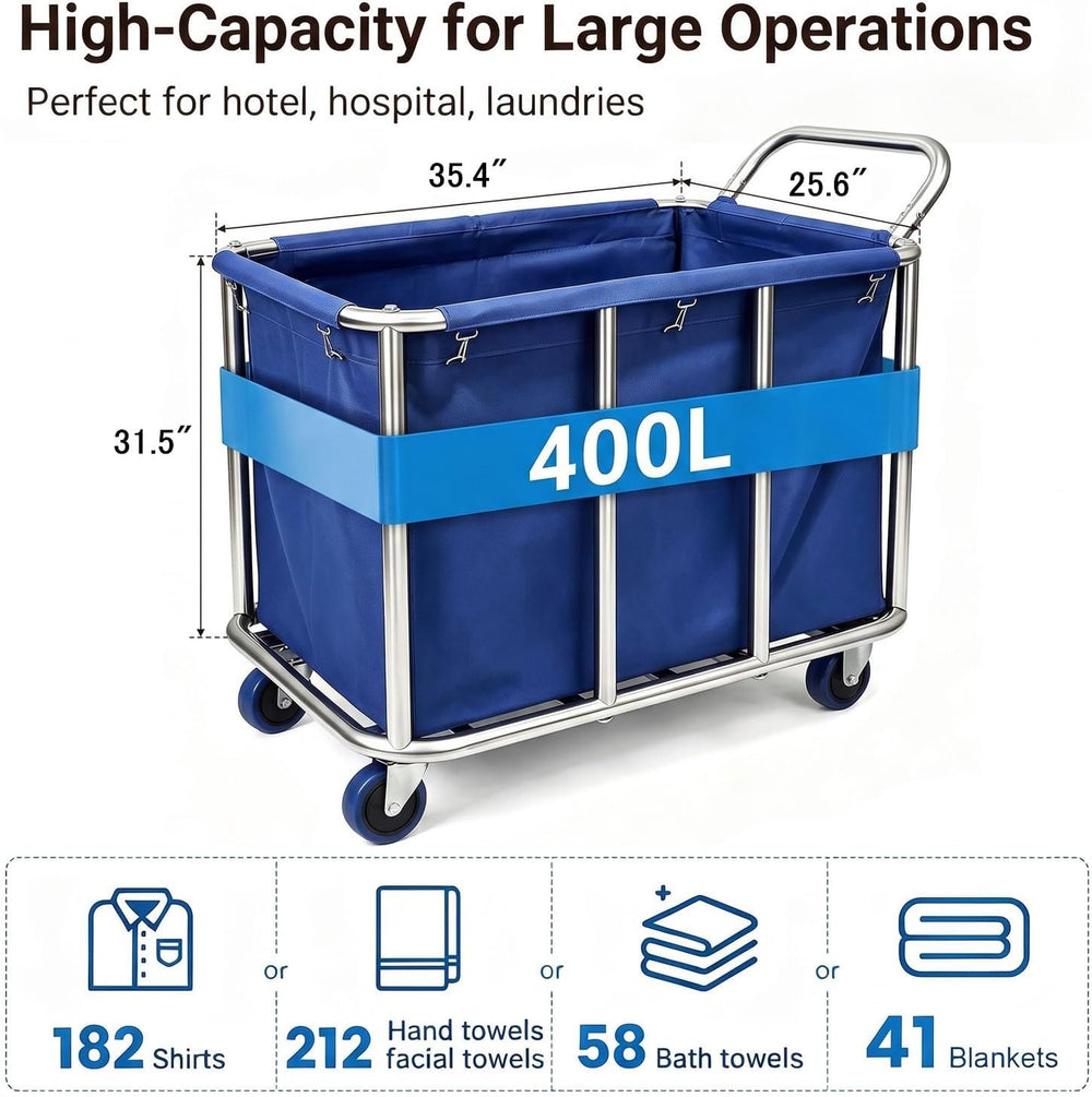 Commercial Laundry Cart with Wheels, 400L Industrial Rolling Laundry Basket w...