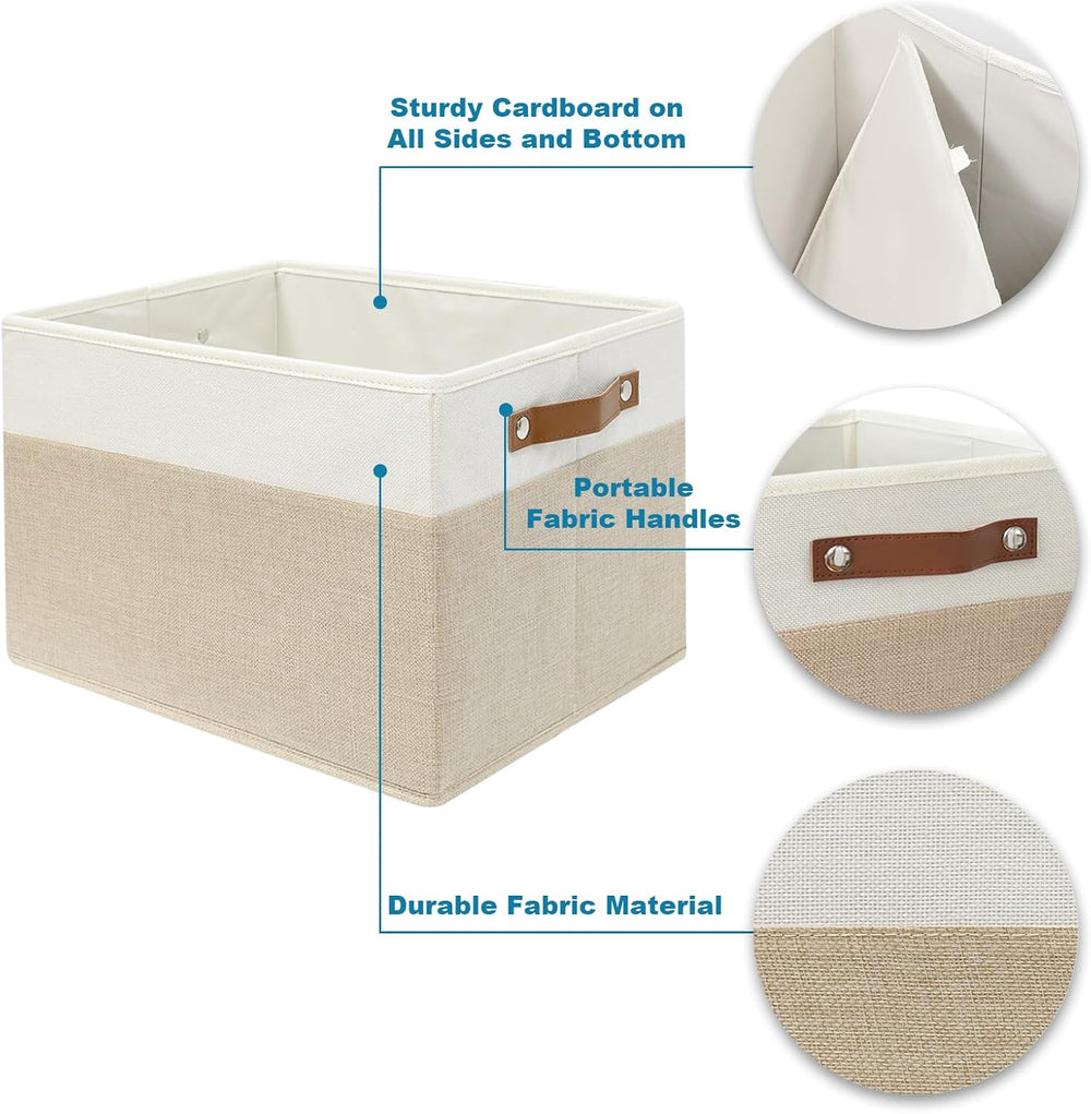6 Pack Large Fabric Storage Baskets with Handles (White with Beige,15" L...
