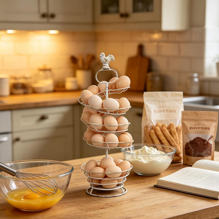 Fresh Egg Holder Countertop Vintage Metal Spiral Egg Holder with Storage Basket Farmhouse Countertop Egg Storage Rack for Kitchen Organization (Spiral White)