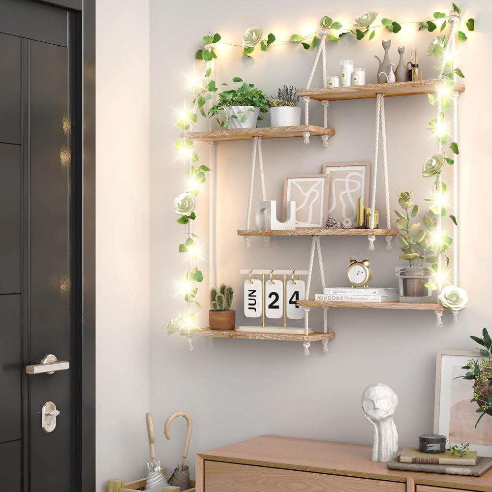 Hanging Shelves for Wall,Macrame Hanging Plant Shelf with Vine Lights 5 Tier ...