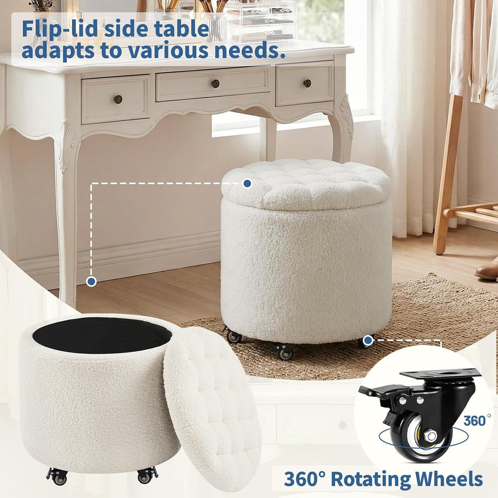Furniliving Modern Round Storage Ottoman with Wheels,Button Tufted Ottoman Fo...