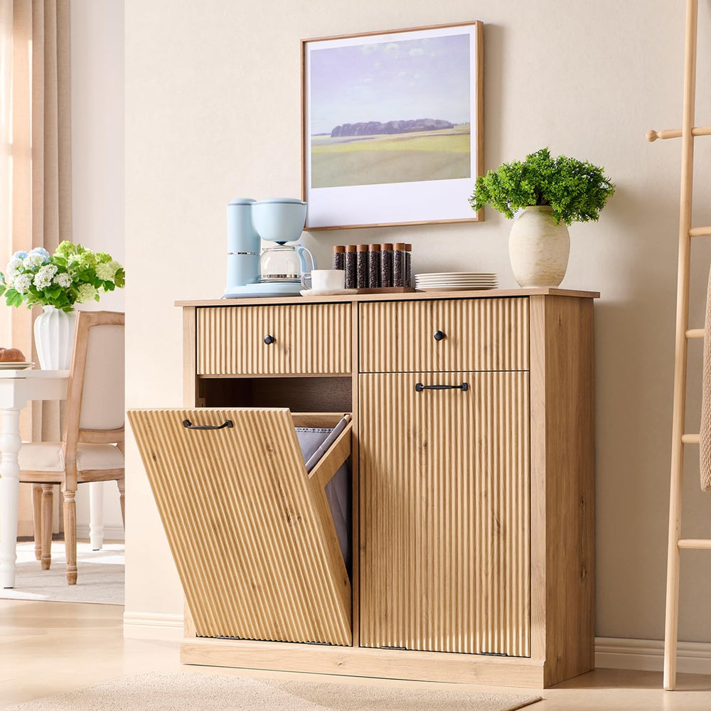 IFBUY Double Tilt Out Laundry Hamper Cabinet, Modern Trash Cabinet, Natural