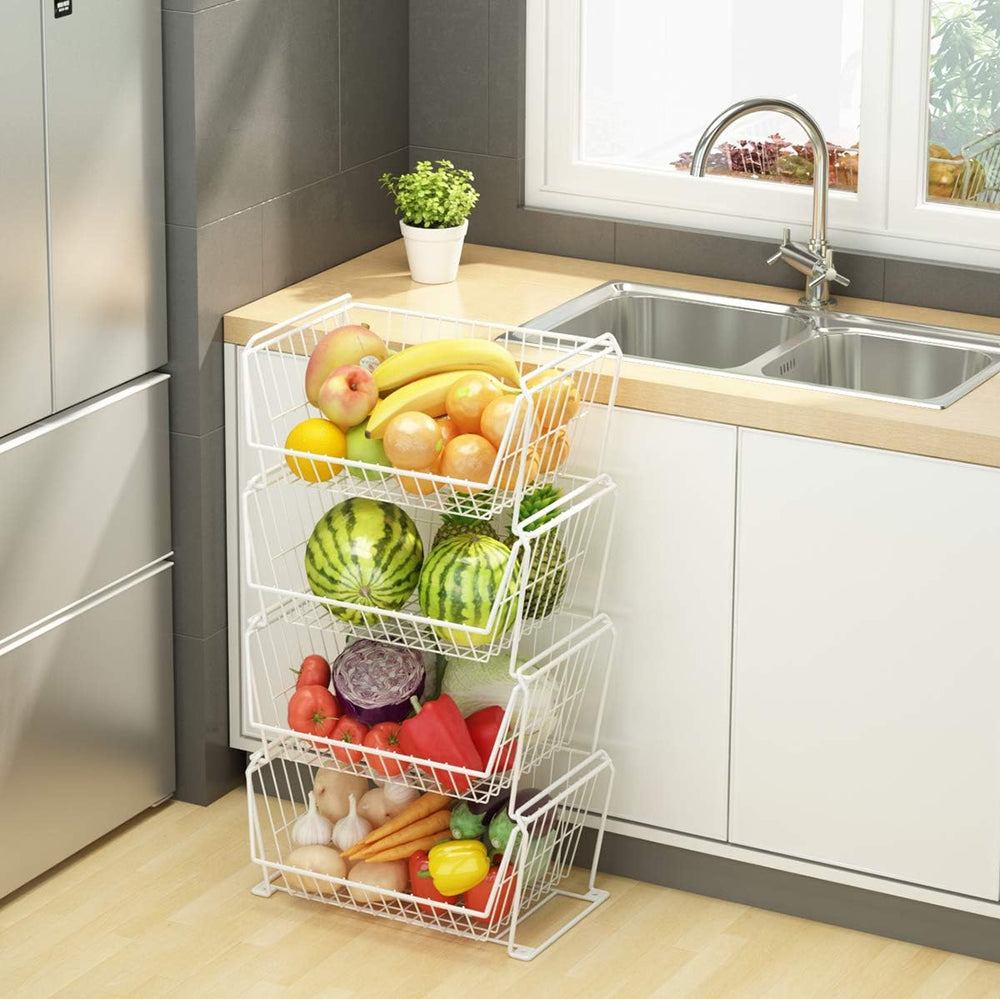 PUSDON 4-Tier Large Stackable Wire Storage Baskets with Wheels, Metal Rolling...