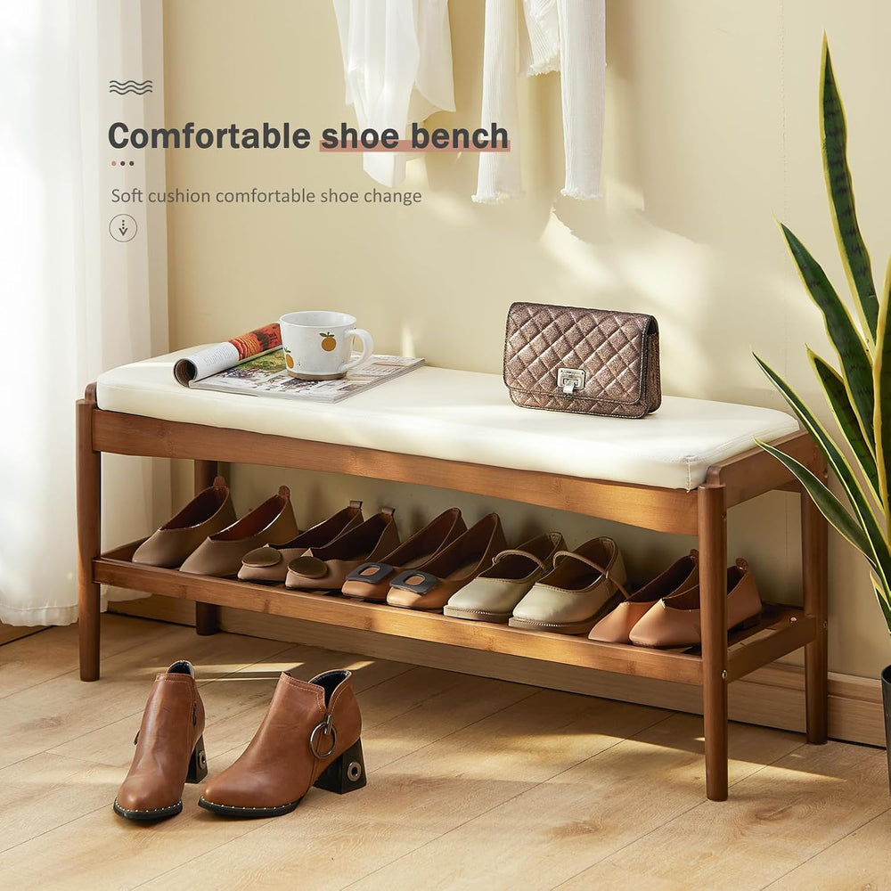 STDDRE Shoe Rack Bench Entryway Bamboo Shoe Storage Bench with Leather Cushio...