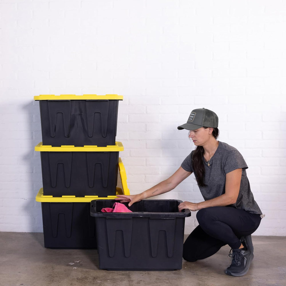 Plastic 23-Gallon Storage Tote with Lockable Lid, Stackable Tough Regular-Dut...