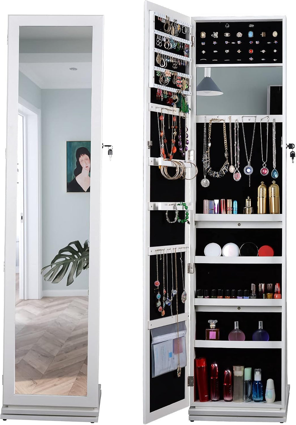 360° Swivel Jewelry Armoire with Full-Length Mirror, Lockable Standing Jewelr...