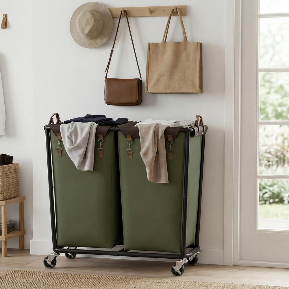 StorageWorks 2 Section Laundry Hamper, 330L Extra Large Green Rolling Cart