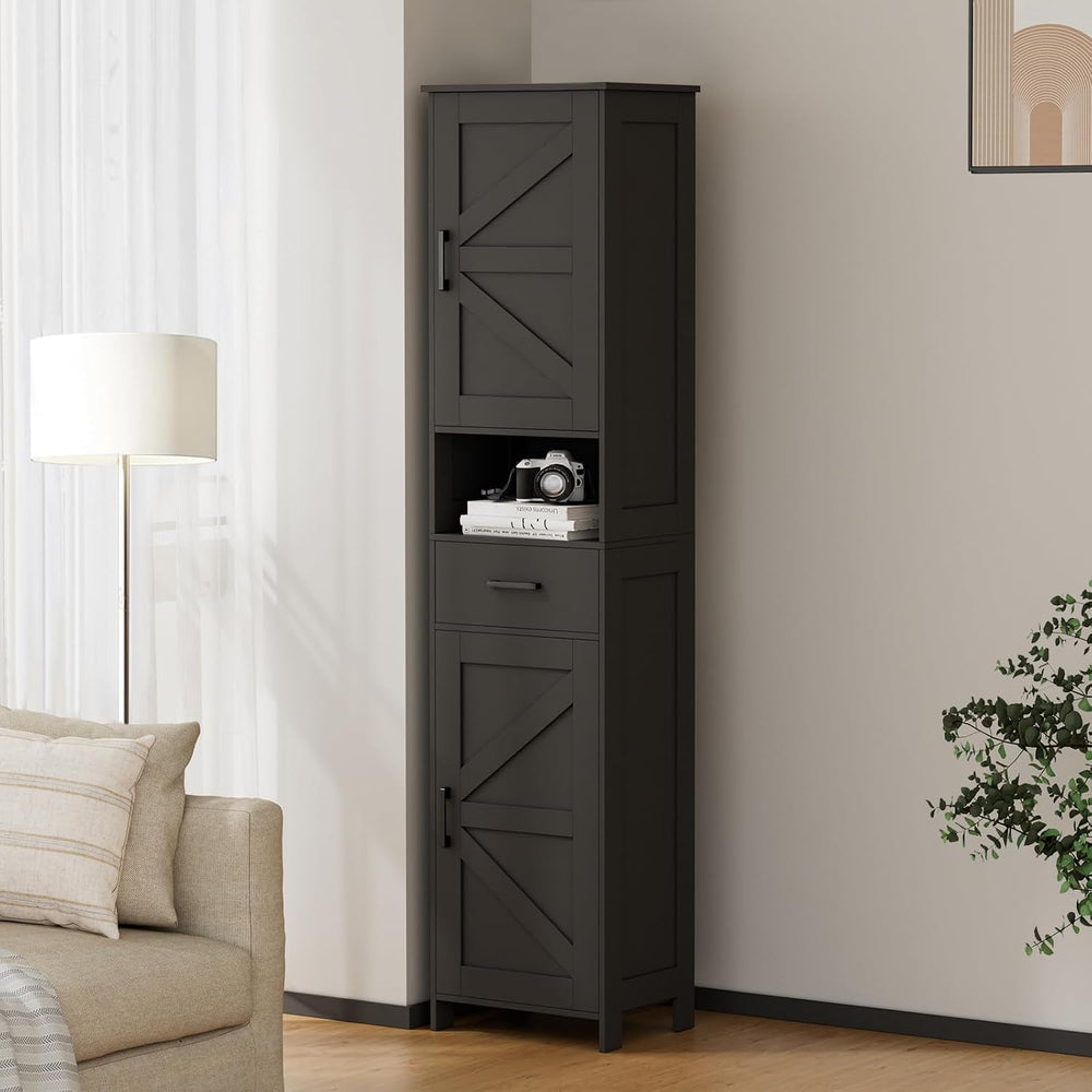 Homhedy 67" H Tall Bathroom Storage Cabinet with Barn Doors and Drawer