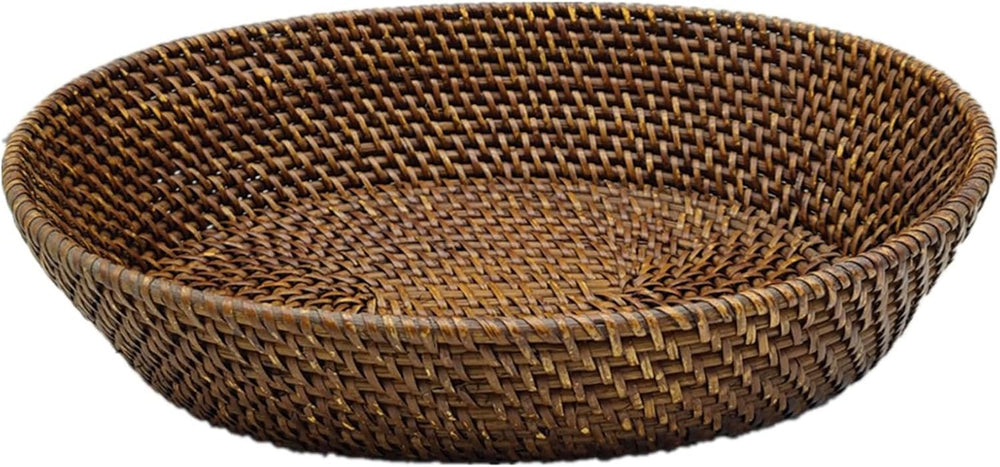 Large Rattan Fruit Basket Bread Serving Bowl with 4" High Wall, Dark Bro...