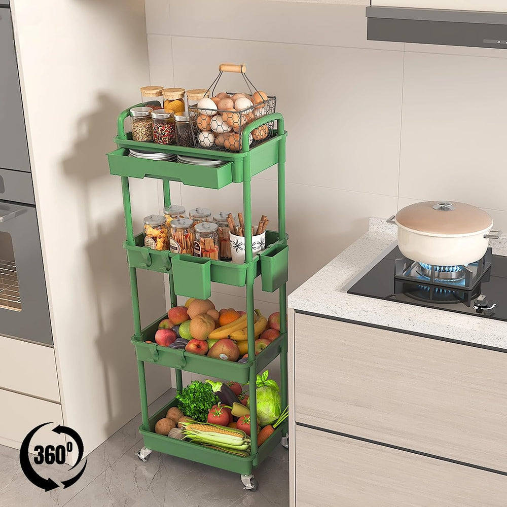 4 Tier Rolling Utility Cart with Drawer, Plastic Storage Organizer Rolling Ca...