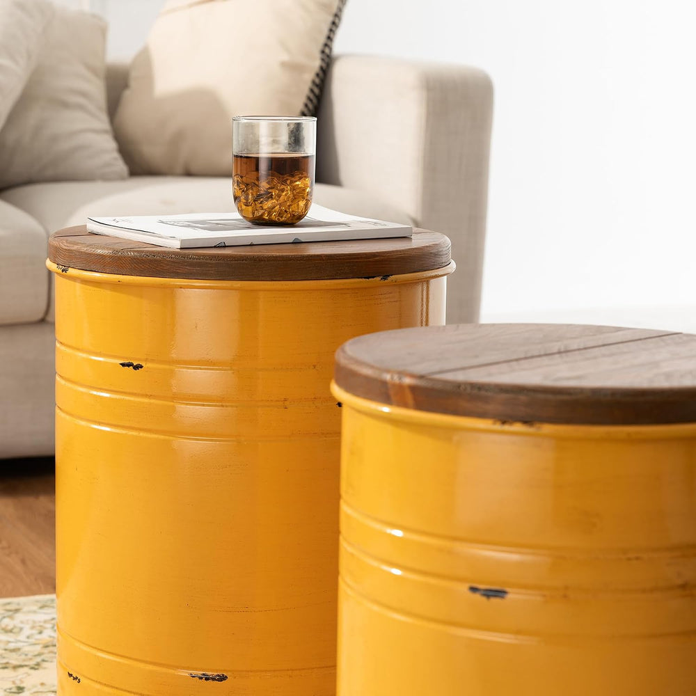 Glitzhome Rustic End Table Set of 2, Farmhouse Galvanized Metal Barrel Ottoma...