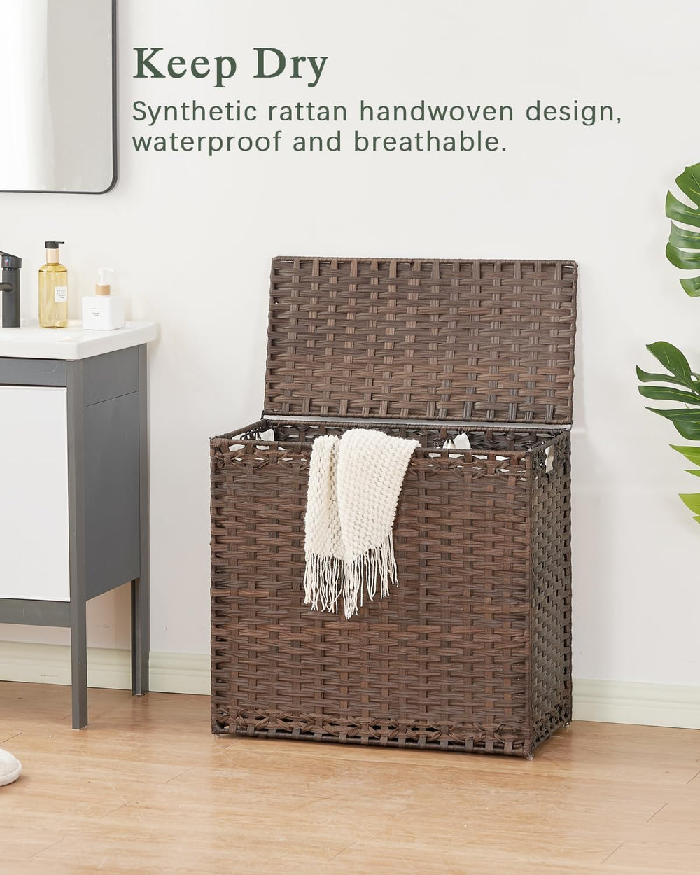 SETVSON Laundry Hamper with Lid Laundry Basket 132 L PE Rattan, Brown