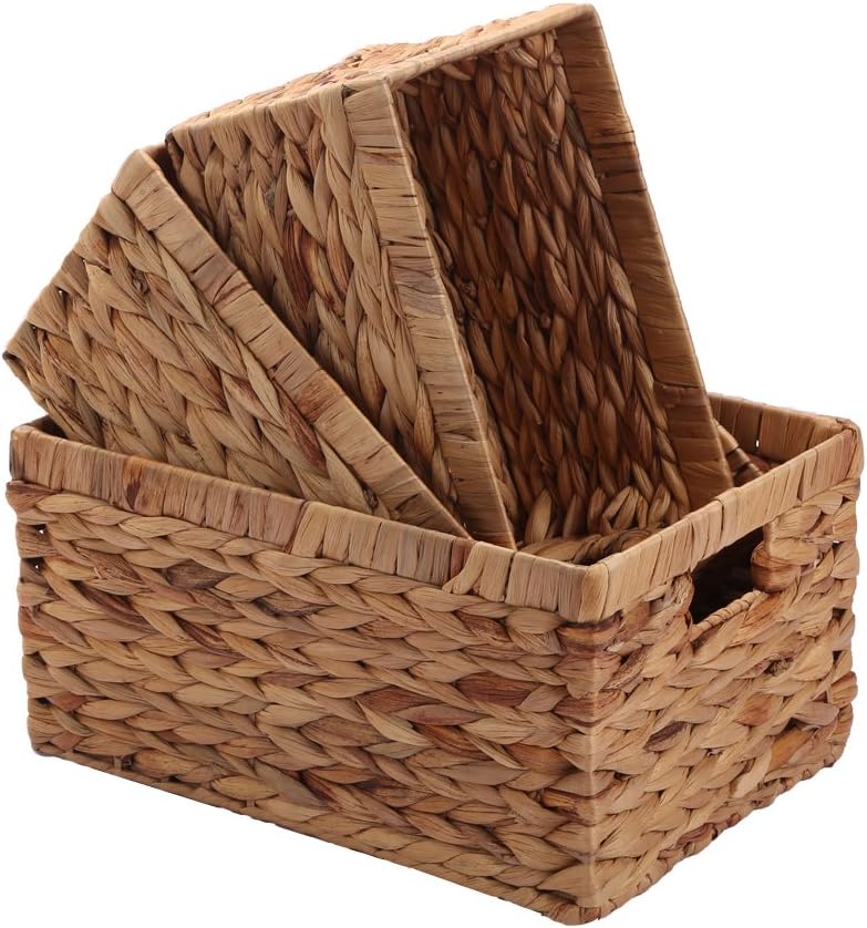 Storage Baskets,Woven Natural Water hyacinth Box with Handle,Kingwillow.(Set ...