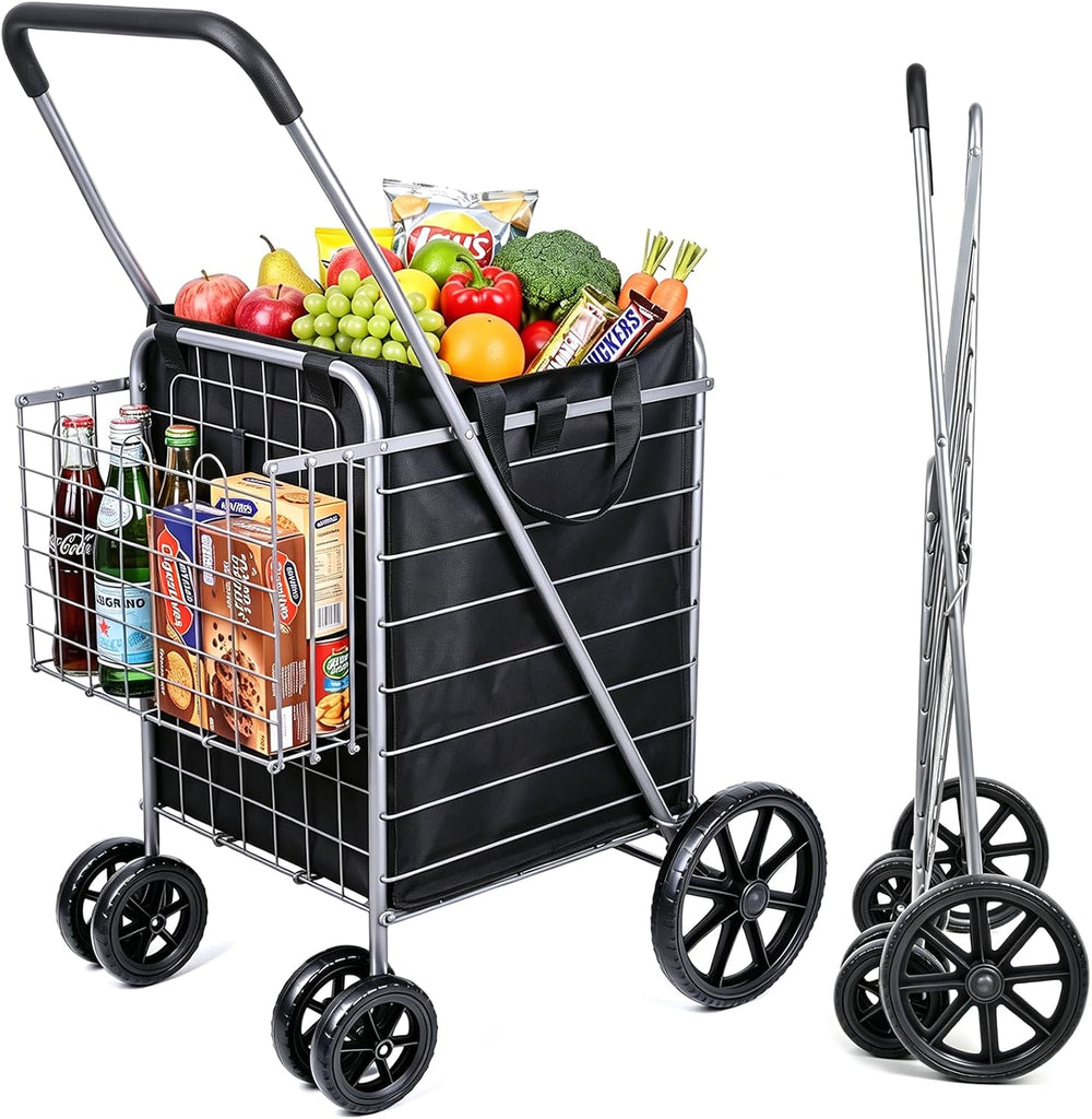 Folding Shopping Cart with Large Front Wheels, Grocery Cart with Waterproof L...