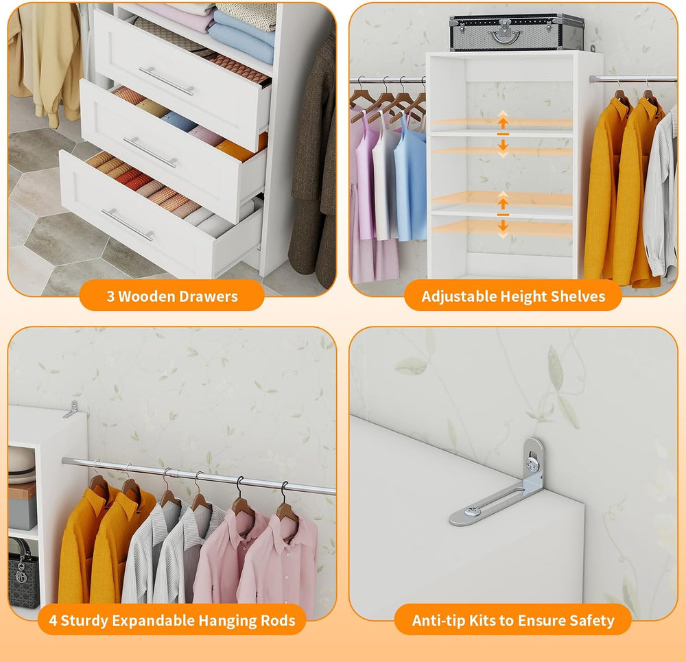Closet System,5FT-9FT Closet Organizer with 3 Drawers