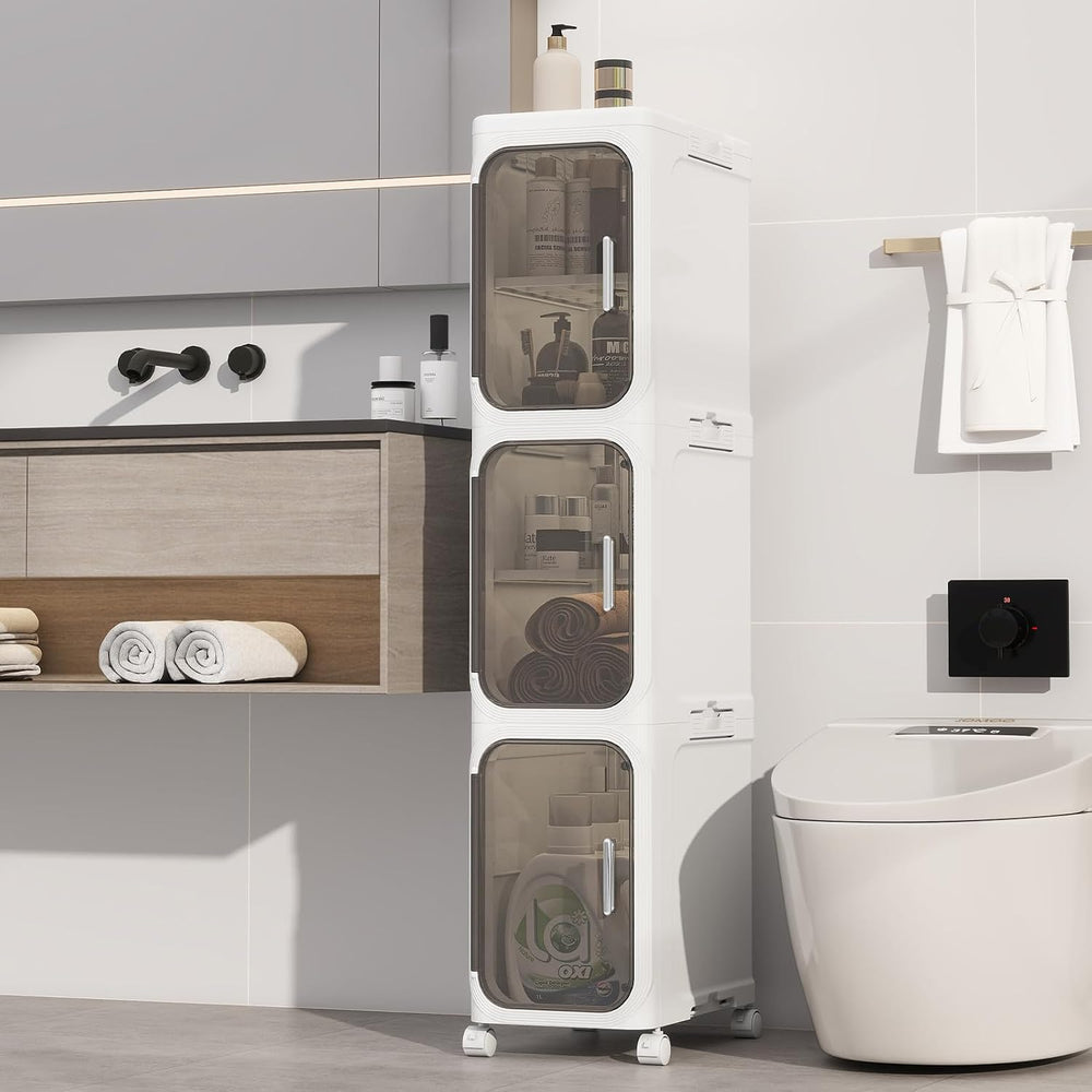 3 Tier Slim Bathroom Storage Cabinet, Foldable and Movable, White