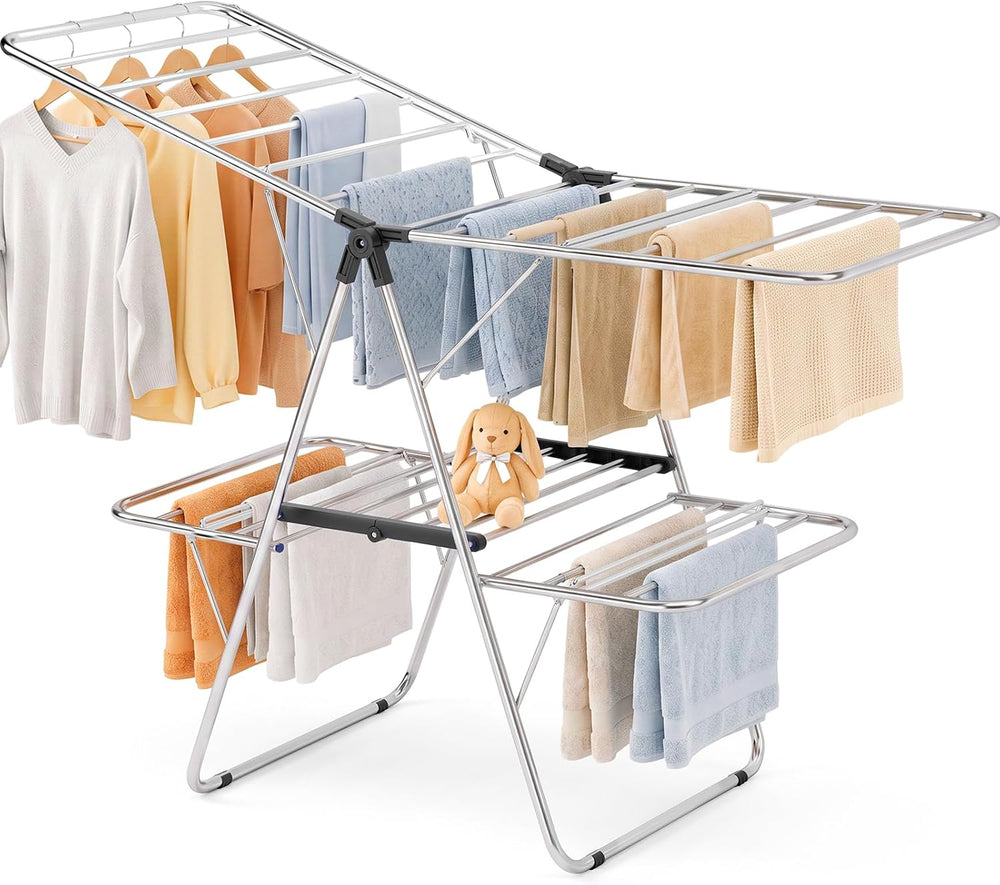 Stainless Steel 2-Tier Foldable Clothes Drying Rack, 57 Inches Max Height
