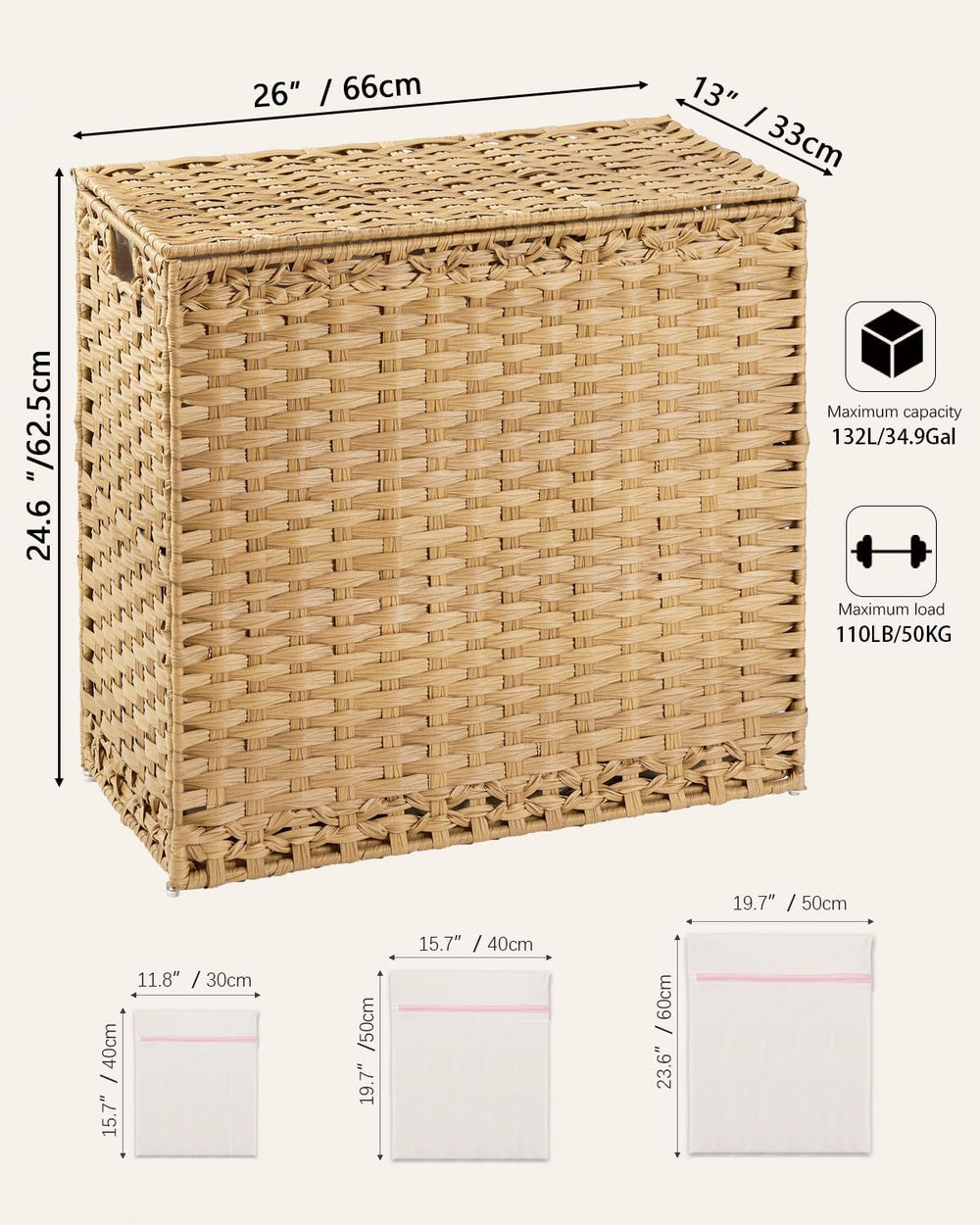 SETVSON Laundry Hamper with Lid Laundry Basket 132 L PE Rattan Natural