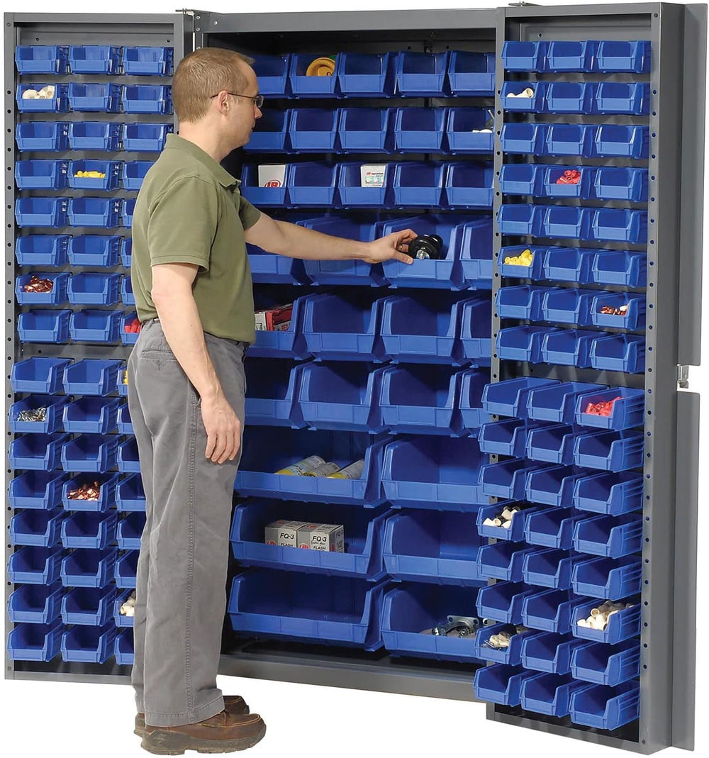 Global Industrial Deep Door Bin Cabinet, Includes 132 Blue Plastic Bins