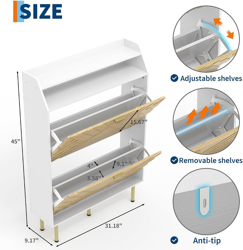 Slim Wood Color Shoe Cabinet, 2-Drawer Shoe Storage Organizer with Adjustable...