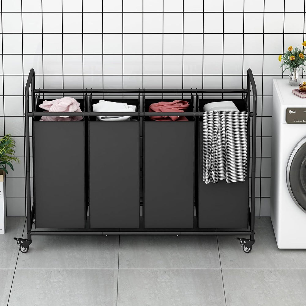 LINZINAR 4 Section Laundry Hamper, Black Laundry Basket 180L Laundry Sorter