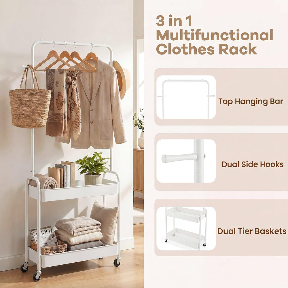 COSTWAY 3 in 1 Rolling Metal Clothes Rack with 2 Baskets & Hooks (White)
