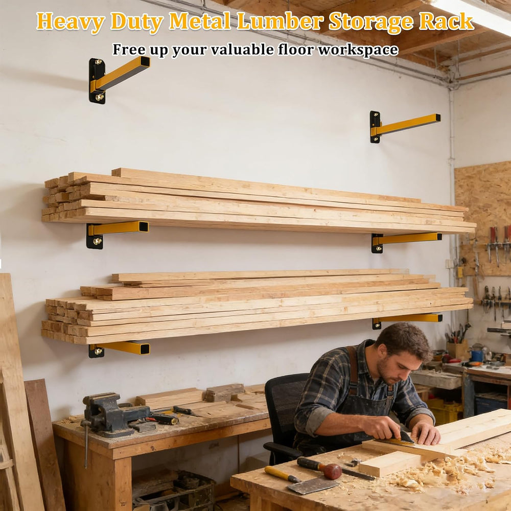 Lumber Storage Rack Heavy Duty Wall Mount Storage Shelves Sturdy Garage Shelv...