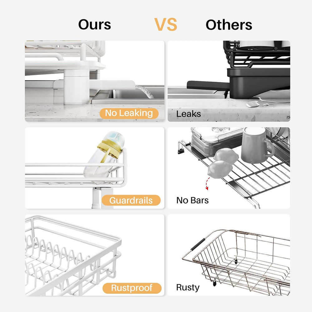 Expandable Dish Drying Rack for Kitchen Counter, Stainless Steel, White