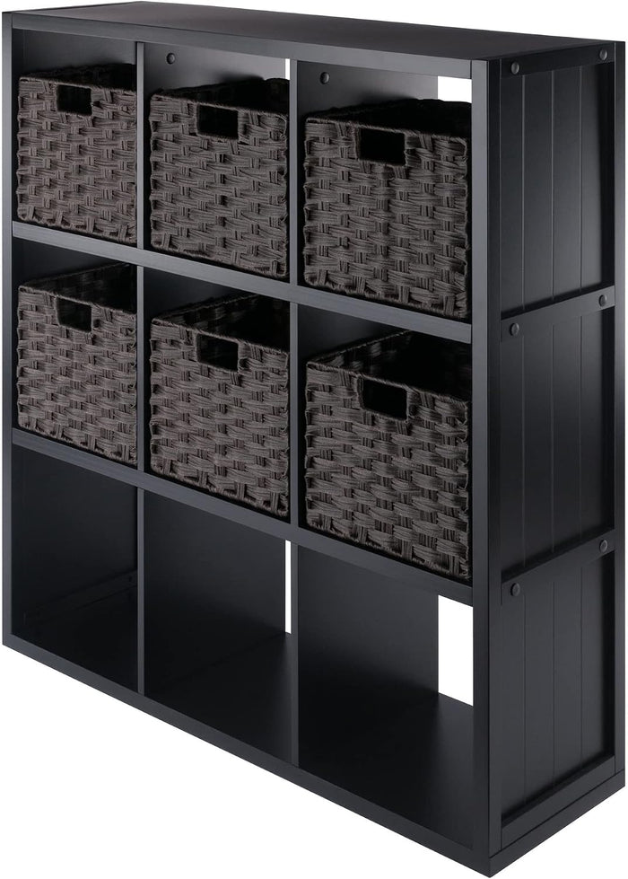 Winsome Timothy 7-Pc 3x3 Storage Shelf with 6 Foldable Woven Fiber Baskets, Black and Chocolate