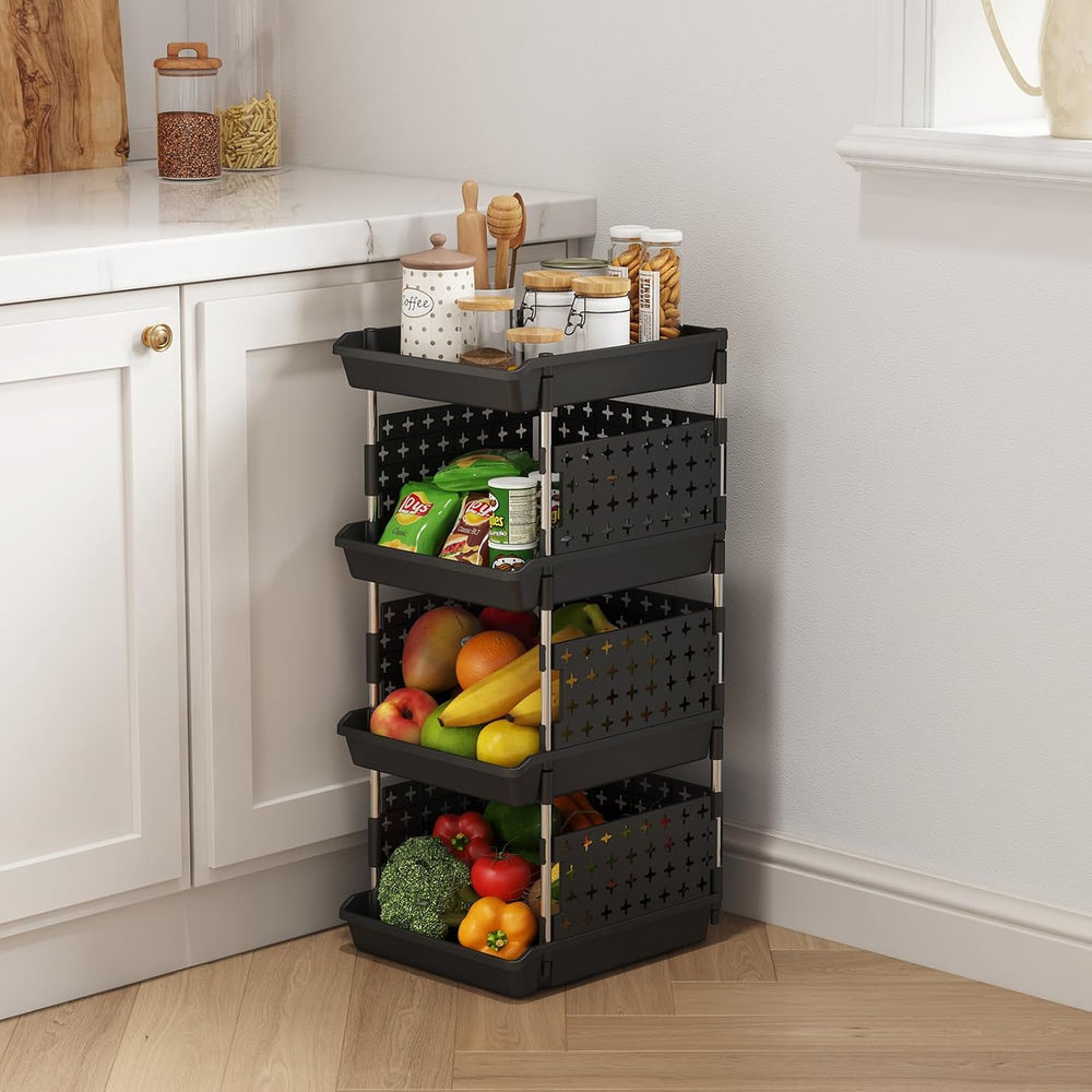 Lifewit 4 Tier Plastic Stackable Storage Baskets for Clothes 1 Pack, Black