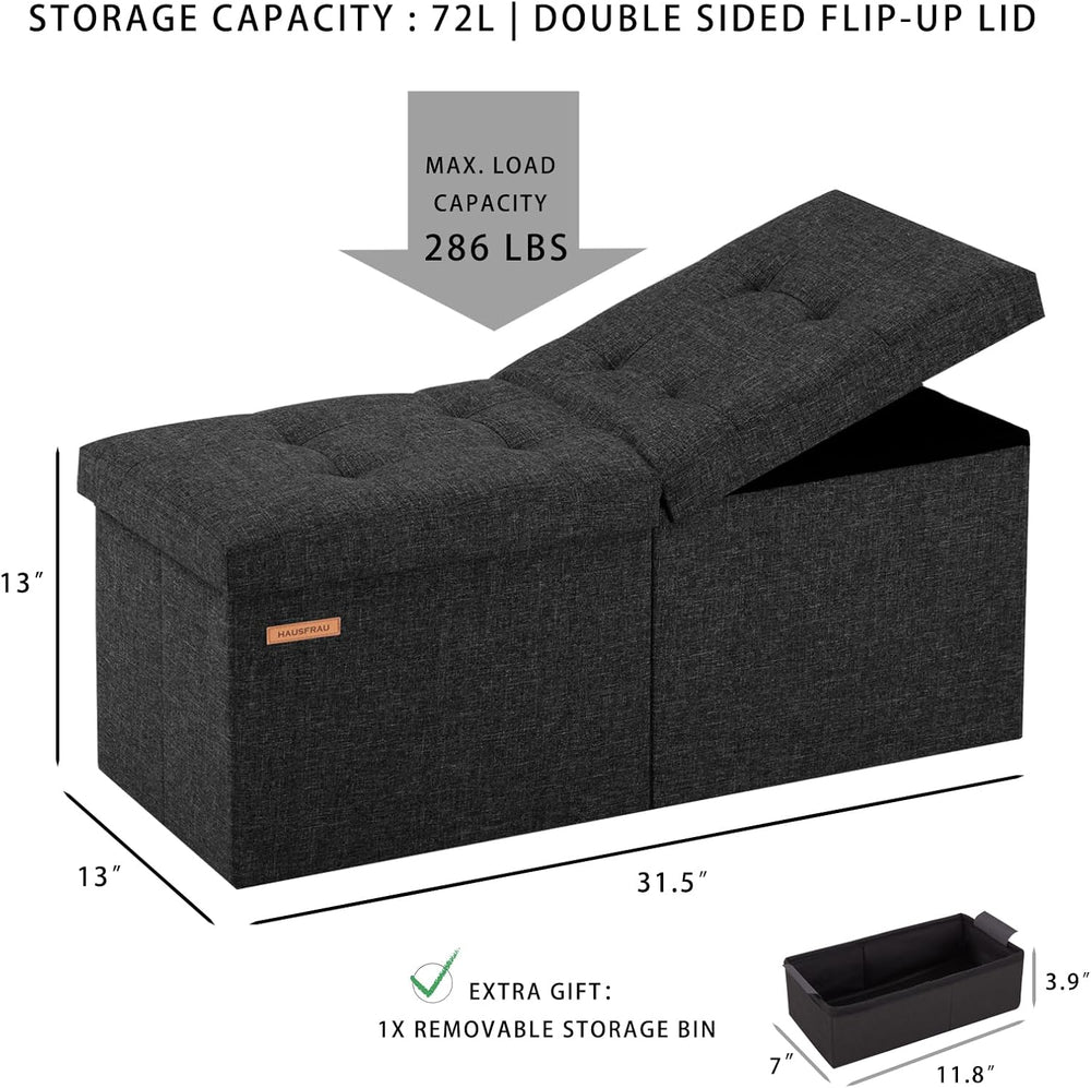 HAUSFRAU Ottoman with Storage Bench Folding Foot Rest Stool Linen Black