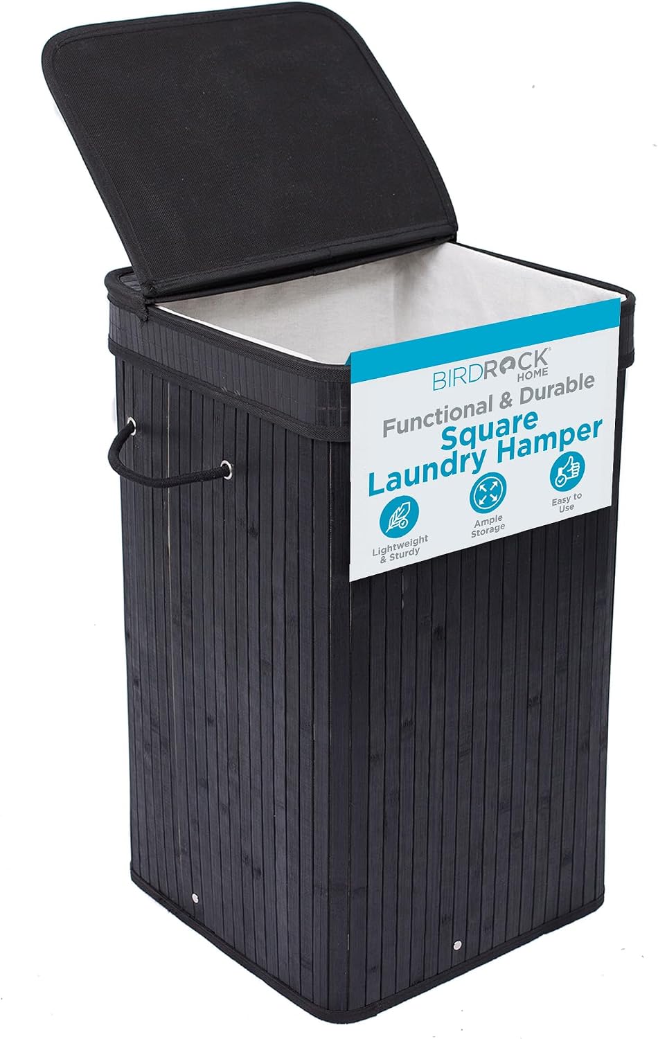 BIRDROCK HOME Square Laundry Hamper with Lid and Cloth Liner, Medium Basket w...