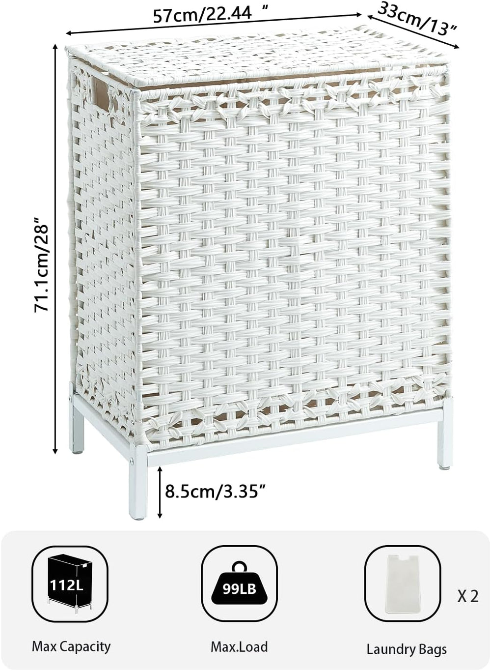 SETVSON Laundry Hamper with Lid, 112 L Handwoven Rattan, Cloud White