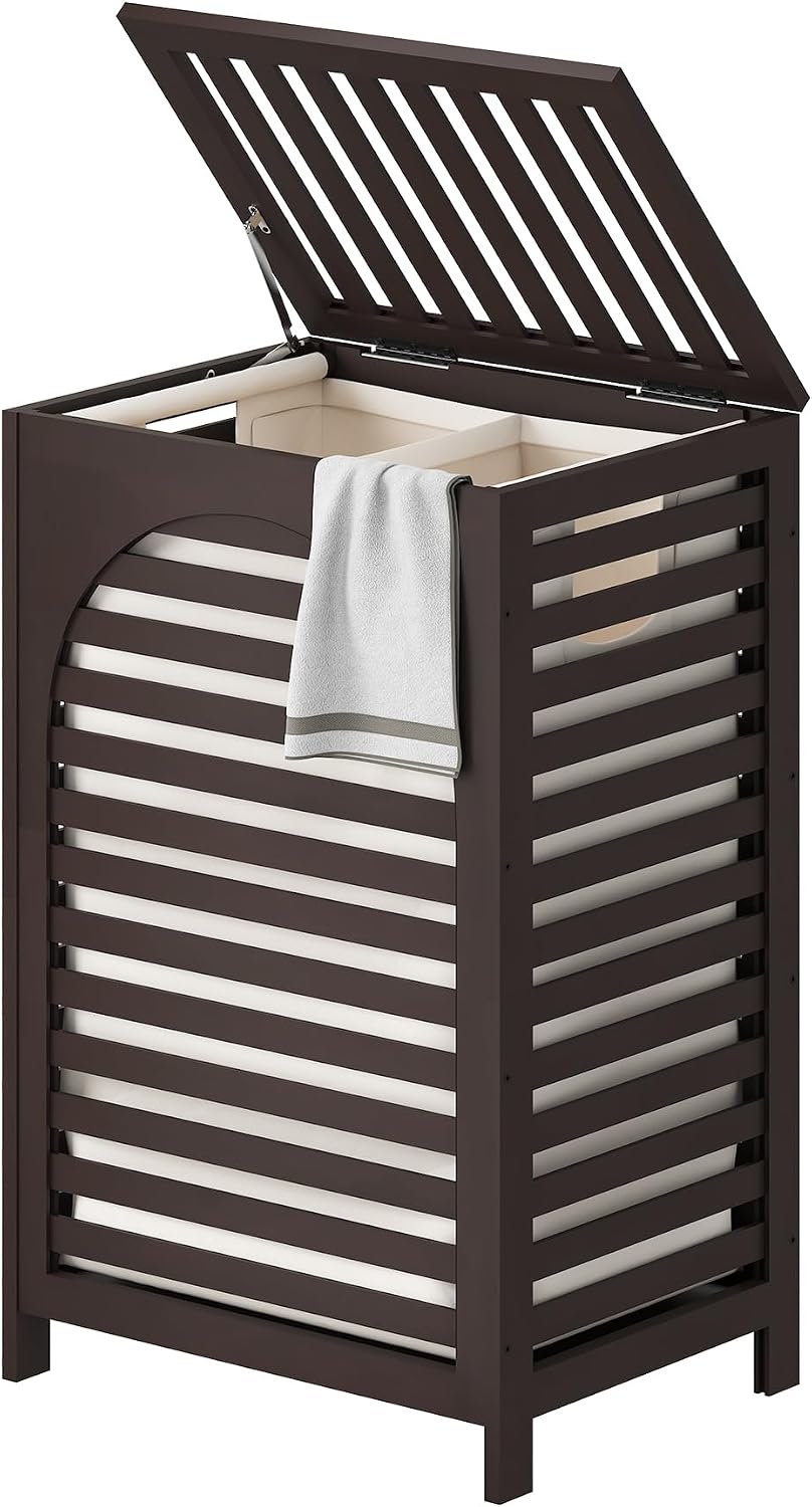 Laundry Hamper with Lid (16.9 * 13 * 26.5inches) Large Bamboo Laundry Bin Bas...