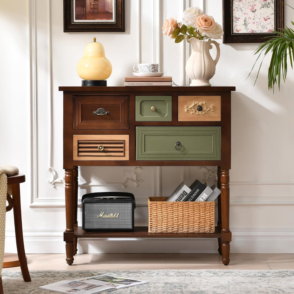 Ahokua Vintage Accent Cabinet with 5 Drawers and Open Shelf, Multi-Tone Conso...