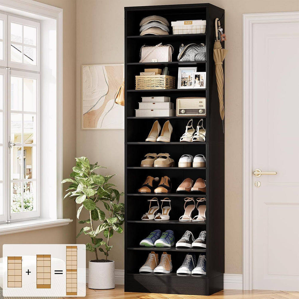 Aheaplus Tall Shoe Cabinet, 10 Tiers Narrow Wood Shoe Rack, 17.7" W, Black