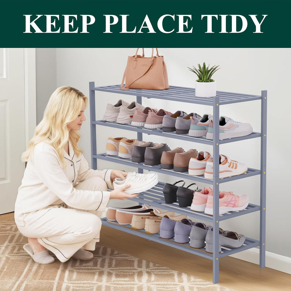 Smiry Bamboo Shoe Rack, 5 Horizontal Slats, 5 Tier - 33.9" Wide, Grey