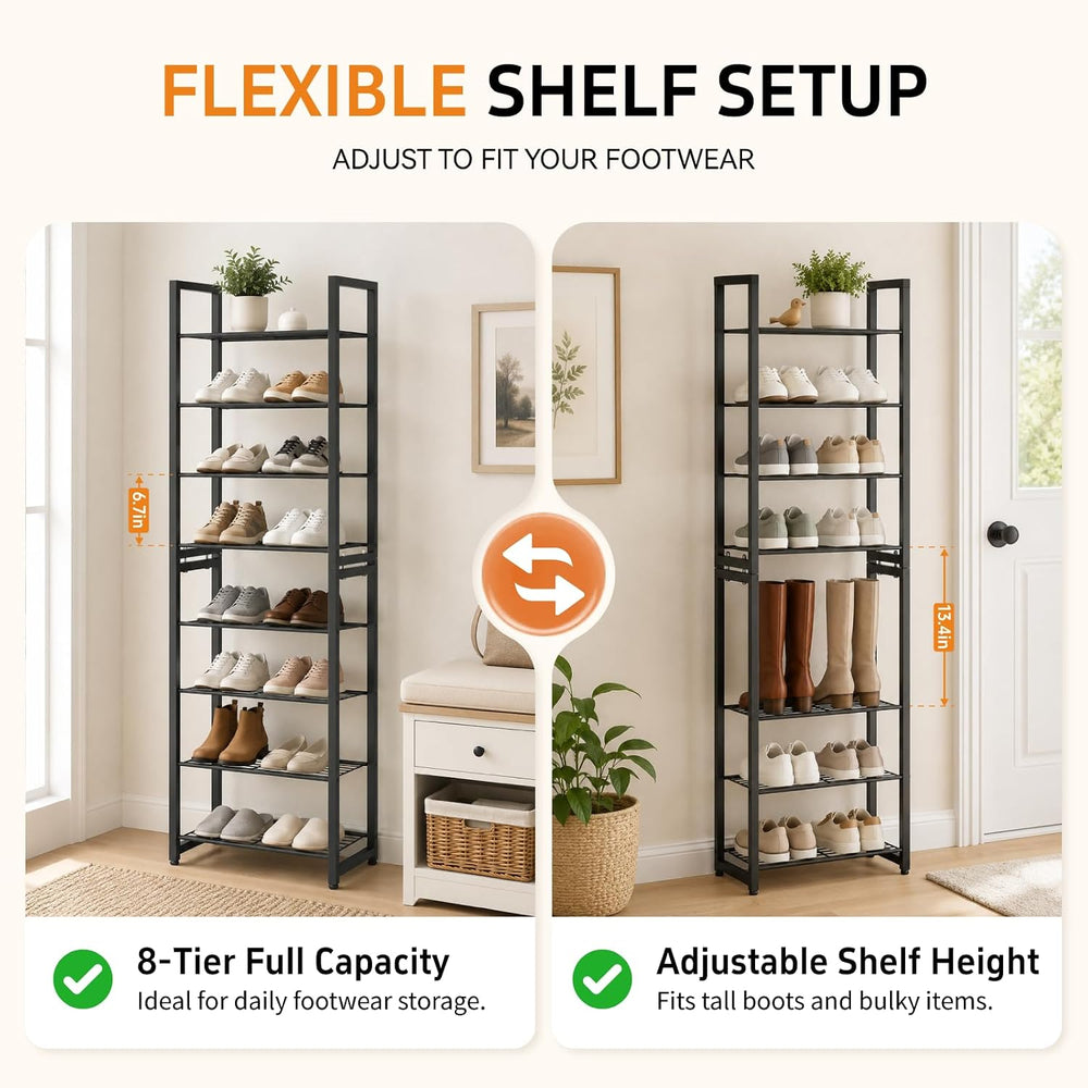 Stackable Shoe Rack, 8-Tier Metal Organizer Holds up to 16 Pairs, Tall Narrow...