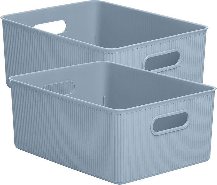 Superio Decorative Plastic Basket Open Home Storage Bins Organizer, Large Blue (2 Pack) Container Boxes for Organizing Closet Storage Bins for Shelves - Ribbed Collection 15 Liter/16 Quart
