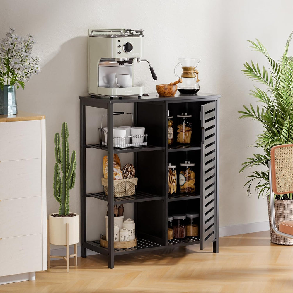 Bathoom Storage Cabinet, Bamboo Floor Cabinet with Single Door and 3 Open She...