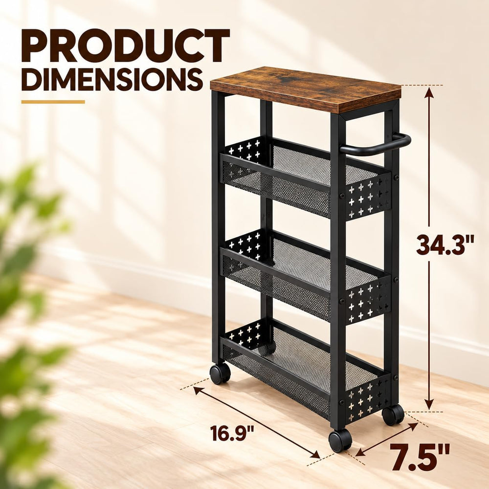 4-Tier Slim Rolling Storage Cart, 7.5" Narrow Utility Cart with Wheels