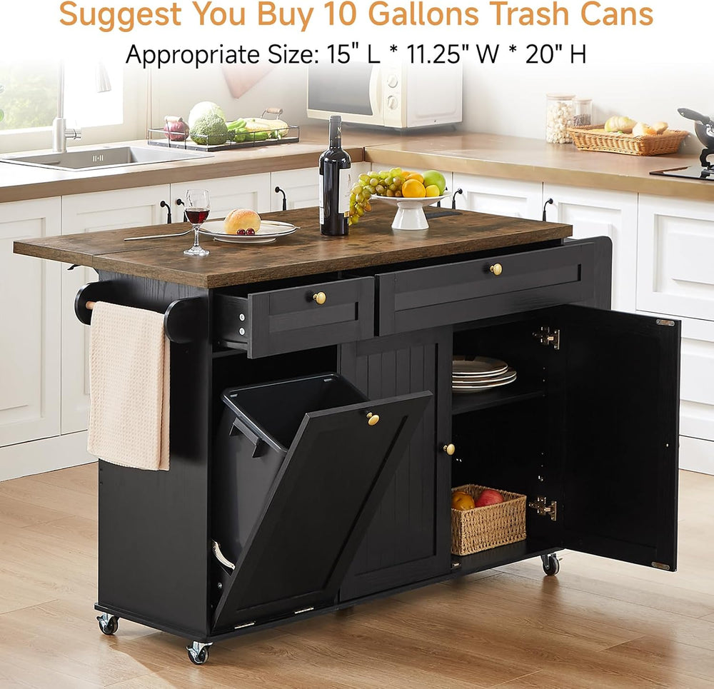 60" Kitchen Island with Drop Leaf & Trash Can Storage, Black