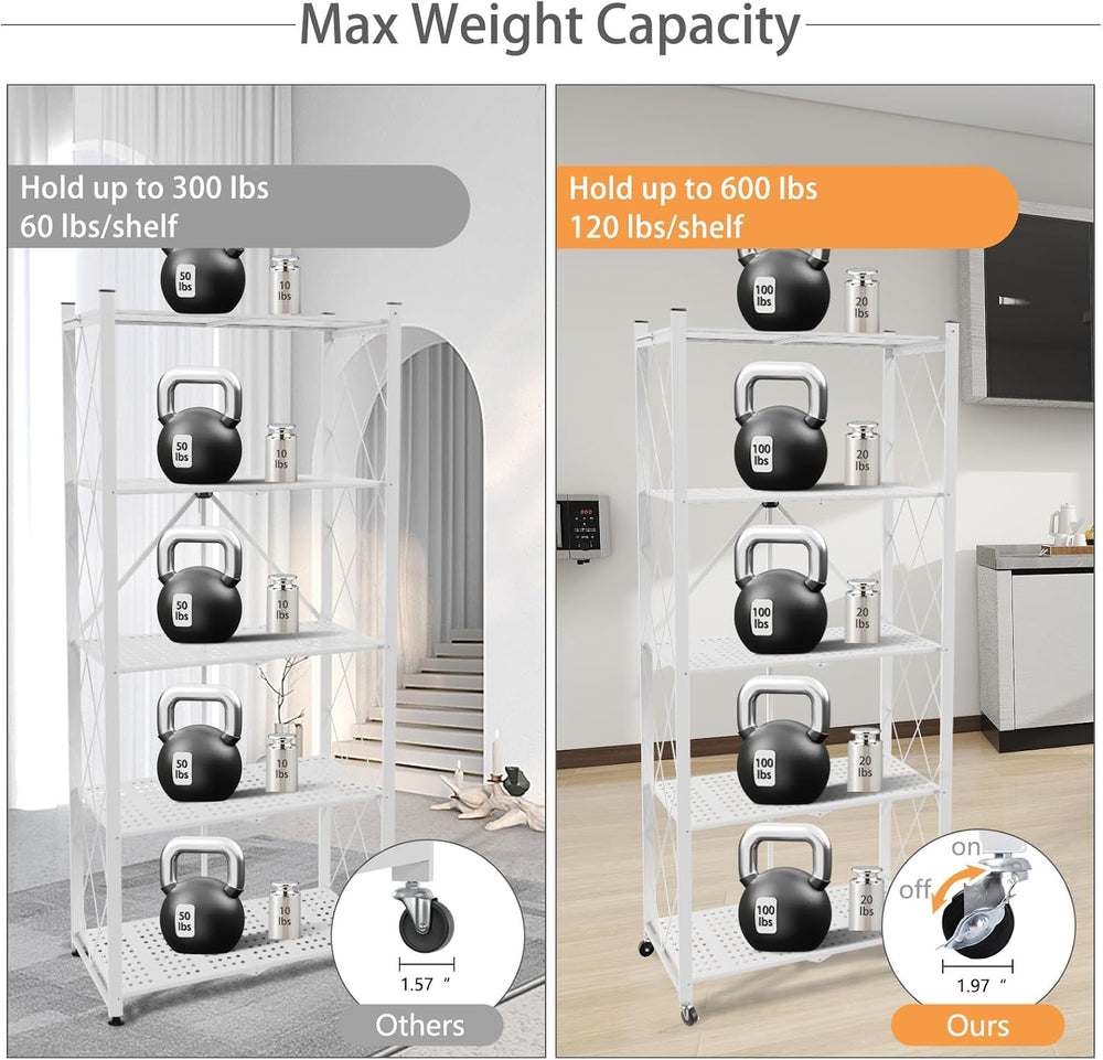 5-Tier Folding Shelf with Wheels No Assembly Portable Shelves